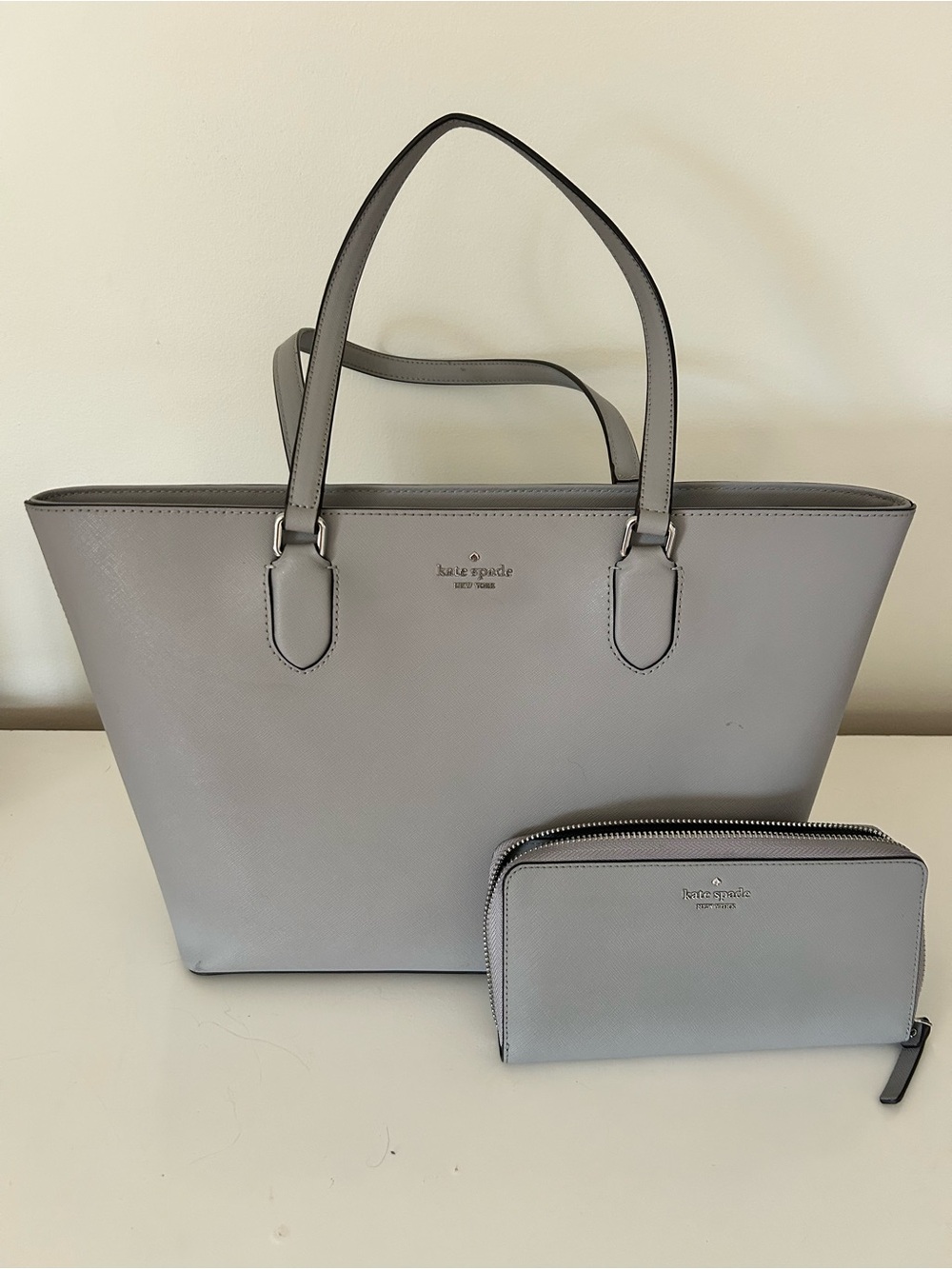 kate spade gray Saffiano Leather Tote with Matching Zip Wallet